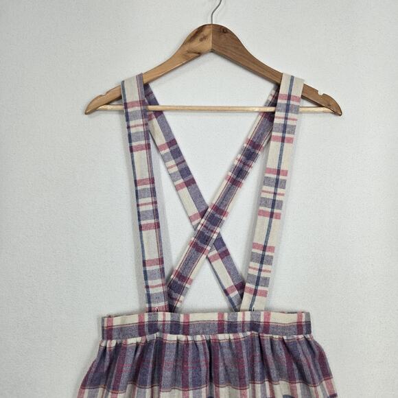 VTG Wool Blend Jumper Skirt Dress Straps Suspenders Purple Pink White Plaid - Picture 2 of 15